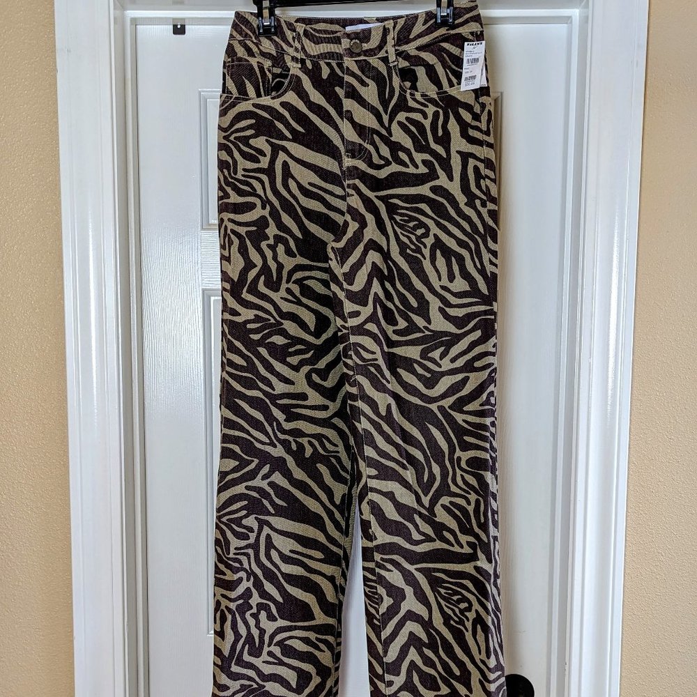 Tillys RSQ Women's High Rise Straight Leg Zebra Print Brown Tan Pants 28 NWT